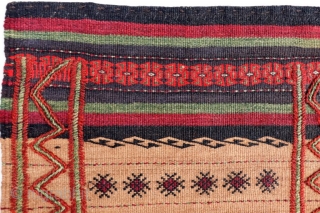 A kilim woven in the Sistan region by Serkhat Beluch weavers. For the lenghtwise borders a different technique has been chosen adding volume to the kilim. All natural dyes. 79x42cms. 1900s. (K1710061).  ...