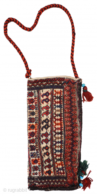 A Bakhtiari spindle bag. In many cases spindle bags are woven in one piece and folded over widthwise , as is the case in the present bag. All natural dyes, in mint  ...