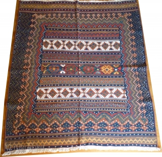 Rare small format Afsari kilim, 195x175cms, harmonious natural colours and design with repeating flower motif and extra wide border. White cotton warp and details. We find this very beautiful.    