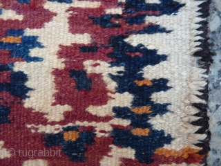 Artistic Bakhtiari bread-making soffreh, thick sturdy interlocking weave (double interlocked tapestry), shows trace remains of flour on the front face, from about 1950, all wool with goat hair binding to selvedges, weaving  ...