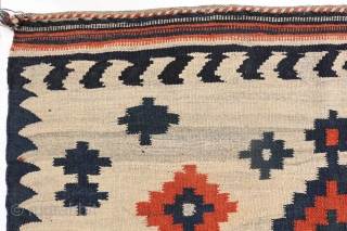 Unusual Qashqai sofreh. All good dyes. 143x143 cms. You can buy this sofreh directly from our web: https://nomada.biz/en/producto/semi-antique-qashqai-kilim-from-iran-143x143-cms/               