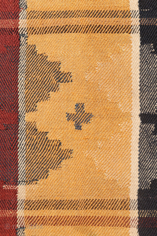 A very finelly woven antique Qashqai  jajim por moj, woven entirely with natural dyes. As can be seen the weaver had access only to a small loom and therefore she had  ...