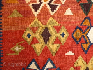 Gorgeous Qashqai kilim with a beautiful range of vibrant natural dyes, full of character, design improvisation and charm, 274x165cms.              