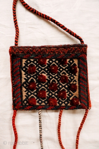 Cute small little bag woven by Bakhtiri nomads from Iran. It combines kilim and knotted areas. Both sides of the bag are worked (back and front). All natural dyes except for the  ...