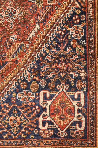 An antique Qashqai rug, woven with exceptionally soft wool. The deep, rich colors are achieved using only natural dyes, including vibrant ochre, terracotta, deep indigo, and warm brown hues.

With a high knot  ...