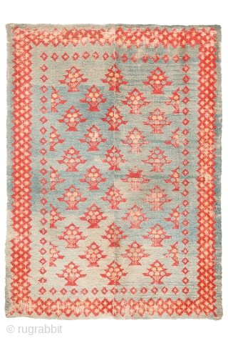 ¡Hola! A rare early 19th century, or even 18th century, antique Alpujarra rug from Granada, Spain, woven with the traditional looped technique on a linen base. It is very rare to find ...