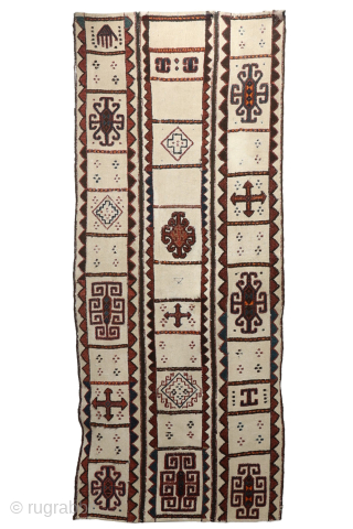 A superb antique wedding curtain or shımıldıq used in Karakalpak weddings to keep the bride out of sight from the groom. Woven with an undyed cotton wool base in three parts joined  ...