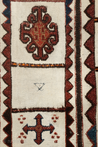 A superb antique wedding curtain or shımıldıq used in Karakalpak weddings to keep the bride out of sight from the groom. Woven with an undyed cotton wool base in three parts joined  ...