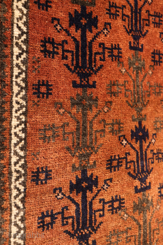 A finely woven antique Baluch rug from the Sistan area of Afghanistan, featuring a rare and charming design of a small plant or bush repeated across the entire field. With a very ...