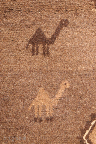 An unusual Qashqai gabbeh rug, likely woven with undyed natural camel wool. The rich color suggests the use of camel wool, and the weaver even included some camels in the design. Charming ...