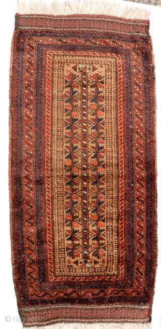 The tightest woven Baluch Balisht we have had. Finished with two kilim ends, one of which was cut and then woven back to the main piece. All good colours, soft shinny wool  ...