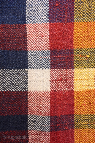 An all wool, naturaly dyed Qashqai jajim, called ¨moj in Iran. 
Moj were used to cover the piles of carpets and kilims in nomadic tents, although today they are used as yet  ...