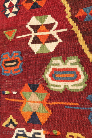 This highly collectible antique Qashqai kilim from Iran features a bold and captivating design. Made with top-quality natural dyes, it showcases rich, deeply saturated colors—including striking greens and blues—that sets it apart.

At  ...