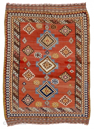 Woven by Qashqai tribeswomen from Southern Iran. Very finelly hand-spun wool has been used, and as a result the warp and weft are very tight. All dyes are natural, with a beautiful  ...