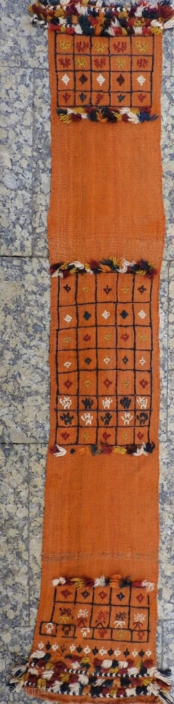 This type of long and narrow kilim was doubled lenghwise, stuffed with straw and tied round the neck of the mule. Sometimes in Iran we buy this type of kilim already stiched  ...