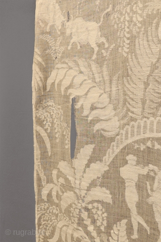 A rare antique curtain with Spanish bullfighting and plant motifs. This curtain may be unique because of the subject matter in which you can see fighting bullsand  bullfighters with bulls, all  ...