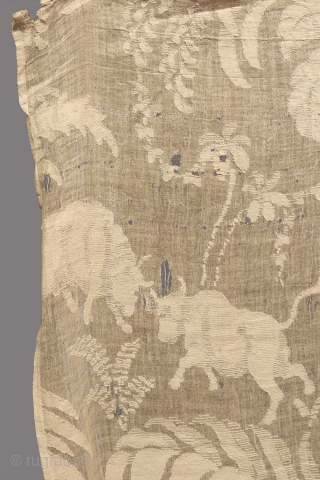 A rare antique curtain with Spanish bullfighting and plant motifs. This curtain may be unique because of the subject matter in which you can see fighting bullsand  bullfighters with bulls, all  ...