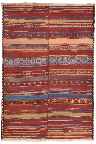 A stunning Taimani Aimaq Baluch kilim kilim from Afghanistan, distinguished by its beautiful and varied colour palette. The colours are predominantly natural dyes, including a deep indigo blue, a rich pistachio green, ...