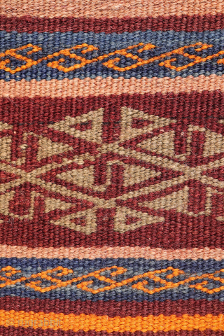 A stunning Taimani Aimaq Baluch kilim kilim from Afghanistan, distinguished by its beautiful and varied colour palette. The colours are predominantly natural dyes, including a deep indigo blue, a rich pistachio green, ...