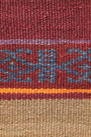 A stunning Taimani Aimaq Baluch kilim kilim from Afghanistan, distinguished by its beautiful and varied colour palette. The colours are predominantly natural dyes, including a deep indigo blue, a rich pistachio green, ...