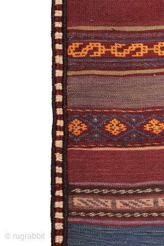 A stunning Taimani Aimaq Baluch kilim kilim from Afghanistan, distinguished by its beautiful and varied colour palette. The colours are predominantly natural dyes, including a deep indigo blue, a rich pistachio green, ...