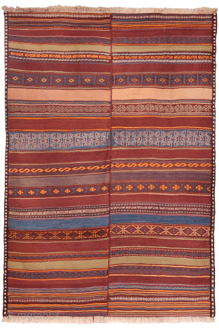 A stunning Taimani Aimaq Baluch kilim kilim from Afghanistan, distinguished by its beautiful and varied colour palette. The colours are predominantly natural dyes, including a deep indigo blue, a rich pistachio green, ...