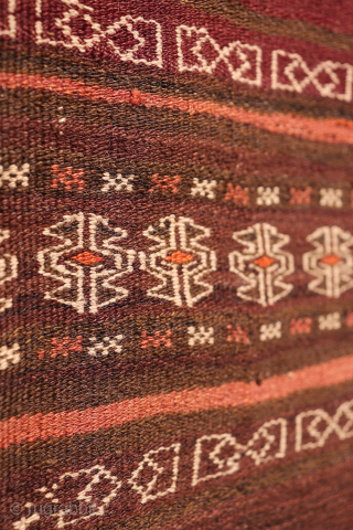 An earthy-toned (slightly aubergine hues) Serkhat Baluch Shaffi kilim with an exceptionally intricate pattern and refined drawing. The complexity of the design is achieved through the weaving of delicate linear motifs — ...