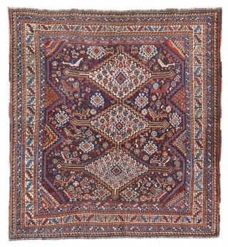 Carpet woven by Arab tribes from Southern Irán. All the dyes are natural, and the design stands out for the multitude of floral and animal motifs used. 175 × 135 cms, 1850-1870s.  ...