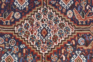 Carpet woven by Arab tribes from Southern Irán. All the dyes are natural, and the design stands out for the multitude of floral and animal motifs used. 175 × 135 cms, 1850-1870s.  ...