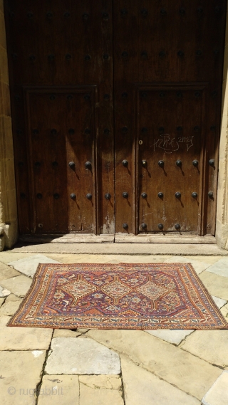 Carpet woven by Arab tribes from Southern Irán. All the dyes are natural, and the design stands out for the multitude of floral and animal motifs used. 175 × 135 cms, 1850-1870s.  ...