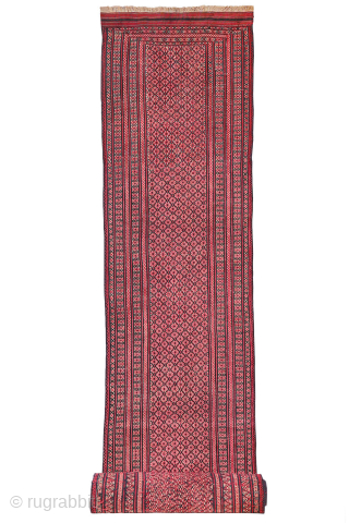 At over 10 metres (33.46 feet) this is the longest antique kilim runner we have seen!
In three decades of dealing in antique kilims, this very long antique Turkman kilim runner stands out ...