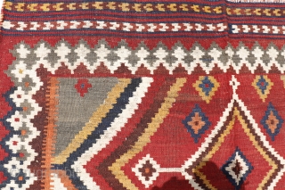 A Qashqai kilim with a very free design. All good dyes. Sheep´s wool with goat warps. Bought during our last trip to Iran. 243x154cms, (K1910350). You can purchase this kilim directly from  ...