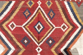A Qashqai kilim with a very free design. All good dyes. Sheep´s wool with goat warps. Bought during our last trip to Iran. 243x154cms, (K1910350). You can purchase this kilim directly from  ...