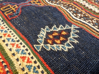 A beautiful Qashqai kilim that originally was a large bag. All the dyes are natural, including a beautiful green and mustard yellow. Very finelly woven. And yes, we know, it is not  ...