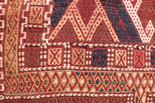 A kilim from the Obruk region, very finelly woven combining plain weave with cicim technique. The desing is composed of a well organised central field with two asimetric borders, both in terms  ...