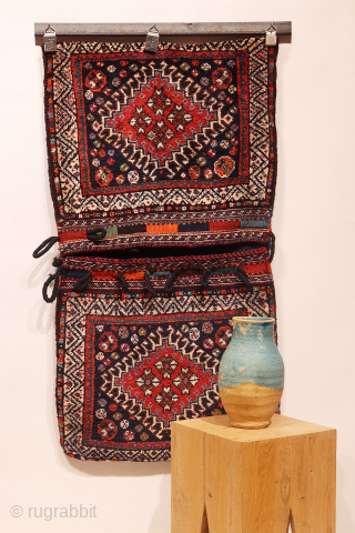 antique Luri saddlebag, or khorjin, a truly captivating piece. The main medallion boldly fills the entire front surface, featuring a pile that is wonderfully soft, plush, and long.

While many saddlebags typically showcase  ...