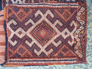 One of a pair of n.w. Iran, Azeri Mafrash, 53cm high x 43cm wide x 93cm long, earthy colours, extra warp wrapping motifs, good original condition including intricate edge binding. Ideal for  ...