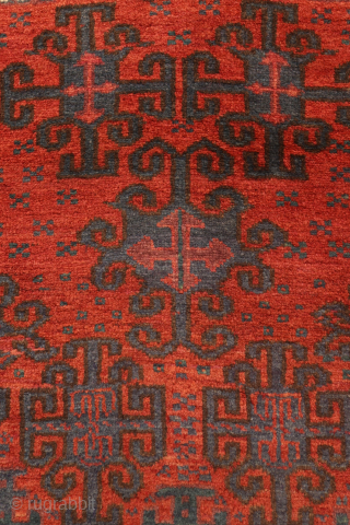 A fantastic antique Afghan Baluch prayer rug. The design is creative and unusual. The wool is of superior quality, soft and shinny and dyed with natural dyes. The rug has a couple  ...
