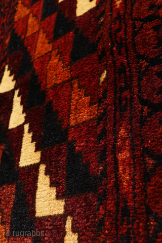 This Turkman band was woven with incredibly soft and lustrous wool that reflects light beautifully. It features natural dyes that create a rich and harmonious color palette. The design is presented in  ...