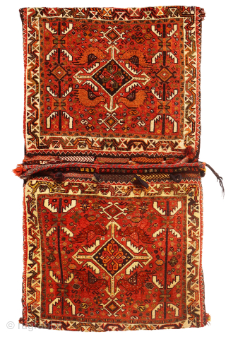 This khorjin, or saddlebag, is a delightful example of tribal weaving. Its focal point is a central medallion elegantly framed by four realistically woven birds nestled in the corners. A charming detail,  ...