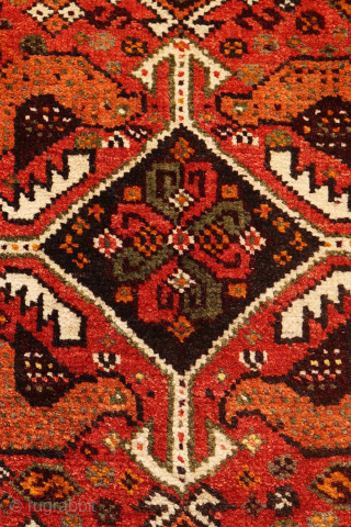 This khorjin, or saddlebag, is a delightful example of tribal weaving. Its focal point is a central medallion elegantly framed by four realistically woven birds nestled in the corners. A charming detail,  ...