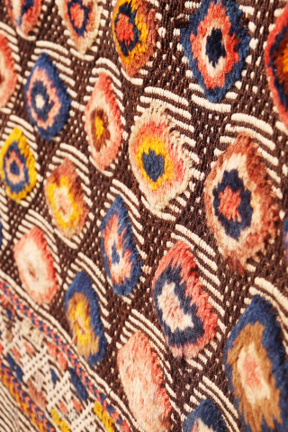 Are you searching for a truly unusual and original saddlebag? Look no further.

The captivating design of this antique Qashqai saddlebag was achieved using the warp-float weave technique. This specialized method is typically  ...