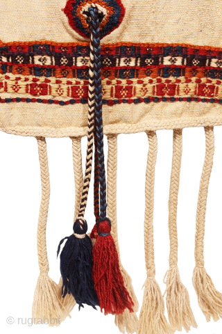 antique Qashqai jol, or horse blanket. Woven with an undyed wool background in a natural ivory hue, its simplicity highlights the artistry within.

Embracing the organic beauty of imperfection, the weaver introduced knotted  ...