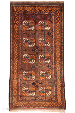 An antique Baluch rug featuring an exceptional emerald green colour.
This finely woven Baluch rug has a remarkably high knot density, allowing for an intricate and detailed design. The field is decorated with ...
