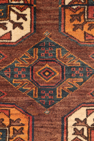 An antique Baluch rug featuring an exceptional emerald green colour.
This finely woven Baluch rug has a remarkably high knot density, allowing for an intricate and detailed design. The field is decorated with ...