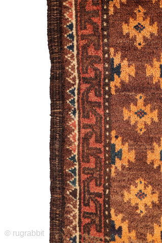 An antique Baluch rug featuring an exceptional emerald green colour.
This finely woven Baluch rug has a remarkably high knot density, allowing for an intricate and detailed design. The field is decorated with ...
