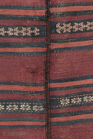 A beautiful antique Baluch kilim woven with finely hand-spun wool. This exceptionally dark antique kilim is difficult to photograph, and the images do not fully capture the richness of its natural colours ...