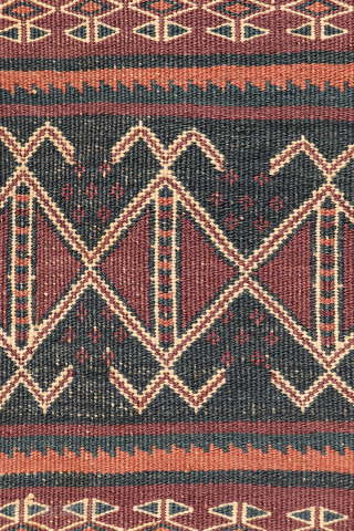 A beautiful antique Baluch kilim woven with finely hand-spun wool. This exceptionally dark antique kilim is difficult to photograph, and the images do not fully capture the richness of its natural colours ...