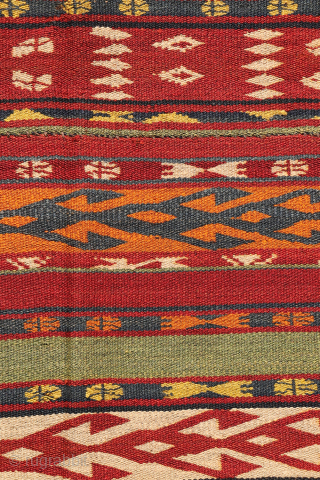 A collectable antique Uzbek gudjeri (gadjeri or Ghudjeri) kilim woven with extremely finely spun wool. This gadjeri kilim is representative of the very fine detail and wide range of colours used by ...