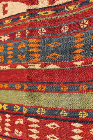 A collectable antique Uzbek gudjeri (gadjeri or Ghudjeri) kilim woven with extremely finely spun wool. This gadjeri kilim is representative of the very fine detail and wide range of colours used by ...